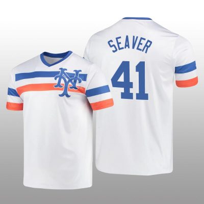 White V-Neck Men's Tom Seaver Cooperstown Collection Mets Jersey