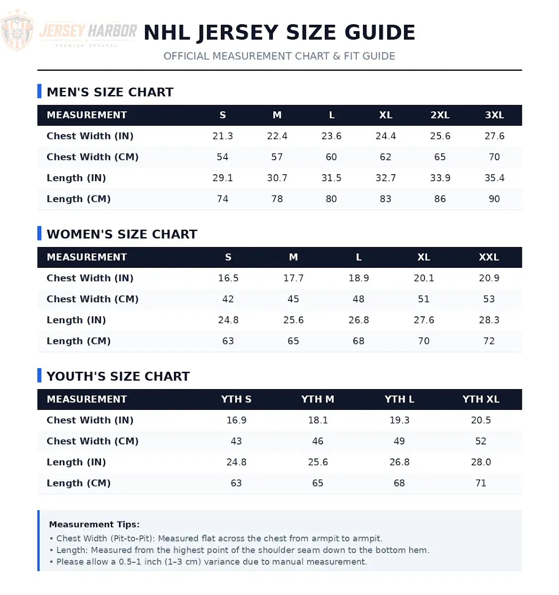 NHL Jerseys Size Chart