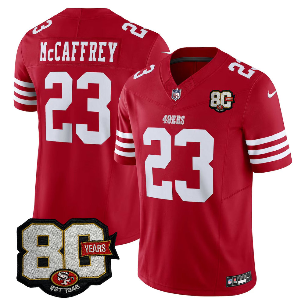 San Francisco 49ers #23 Christian McCaffrey Red 80 Anniversary Vapor F.U.S.E. Limited Jersey
